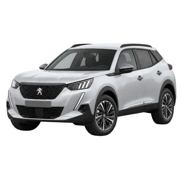 Peugeot E-2008 2021 باللون فضي، منظر منظر أمامي بزاوية ثلاثة أرباع (متجه لليسار)