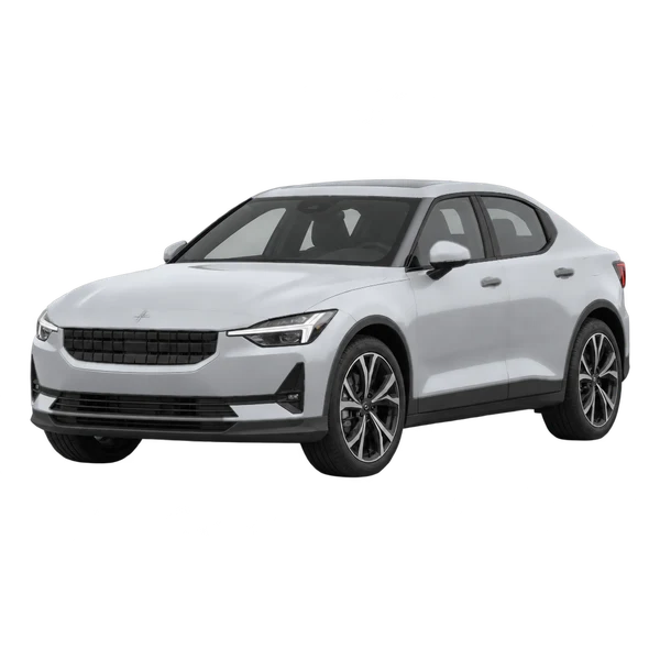 Polestar 2 2023 باللون فضي، منظر منظر أمامي بزاوية ثلاثة أرباع (متجه لليسار)