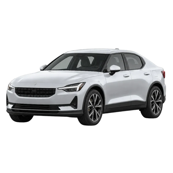 Polestar 2 2026 باللون فضي، منظر منظر أمامي بزاوية ثلاثة أرباع (متجه لليسار)