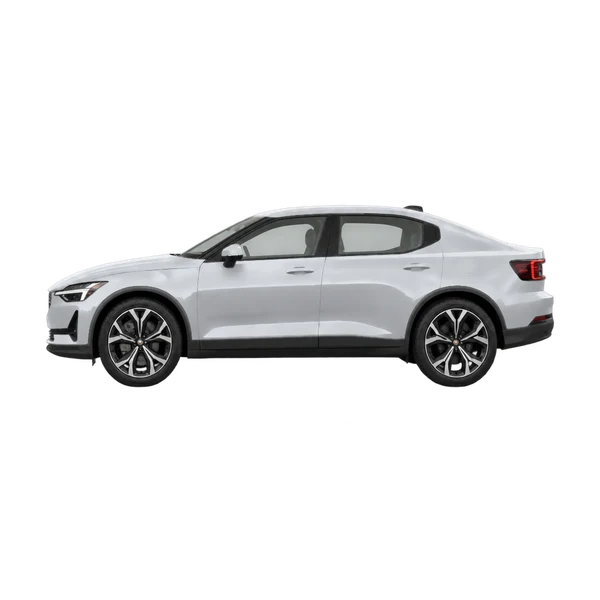 Polestar 2 2026 باللون فضي، منظر جانبي (متجه إلى اليسار)