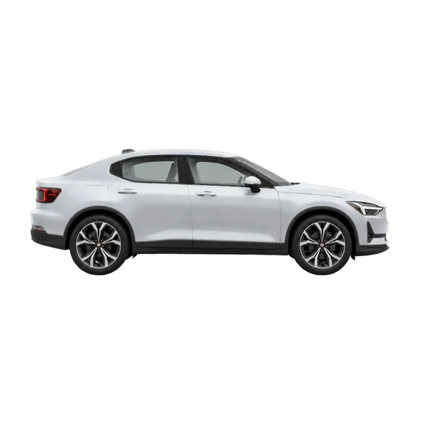Polestar 2 2026 باللون فضي، منظر منظر جانبي (باتجاه اليمين)