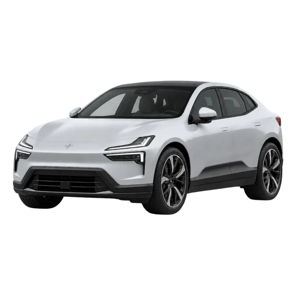 Polestar 4 2026 باللون فضي، منظر منظر أمامي بزاوية ثلاثة أرباع (متجه لليسار)
