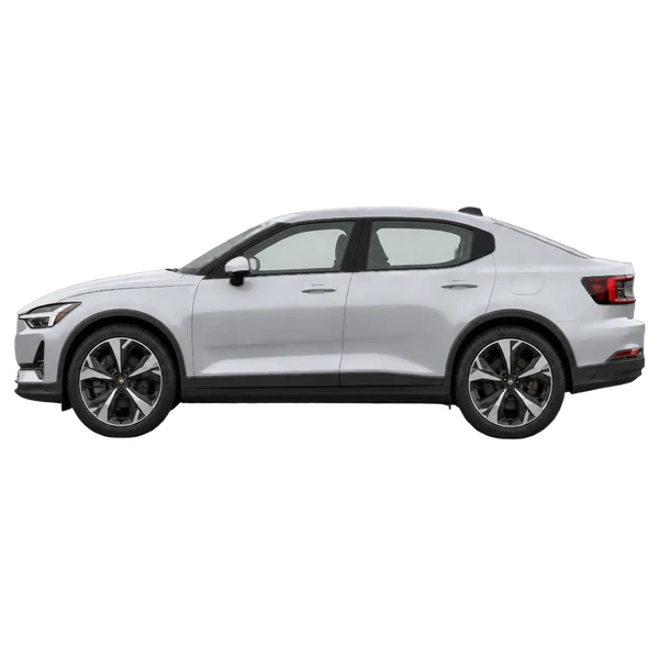Polestar Polestar 2 2026 باللون فضي، منظر جانبي (متجه إلى اليسار)