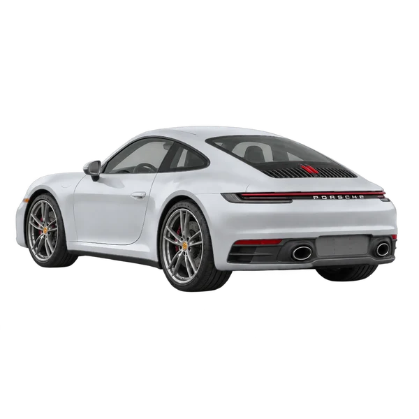 2021 Porsche 911 in Silber, Ansicht: Dreiviertelansicht von hinten (nach links gerichtet)