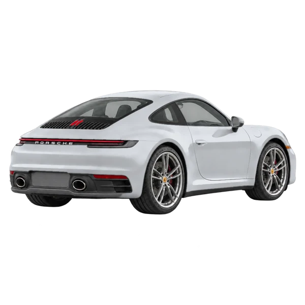 2021 Porsche 911 in Silber, Ansicht: Dreiviertelansicht hinten (nach rechts gewandt)