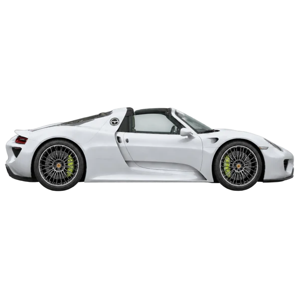 シルバーの2014 Porsche 918(側面(右向き)ビュー)