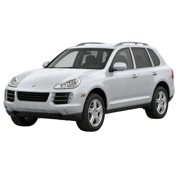 Porsche Cayenne 2008 باللون فضي، منظر منظر أمامي بزاوية ثلاثة أرباع (متجه لليسار)