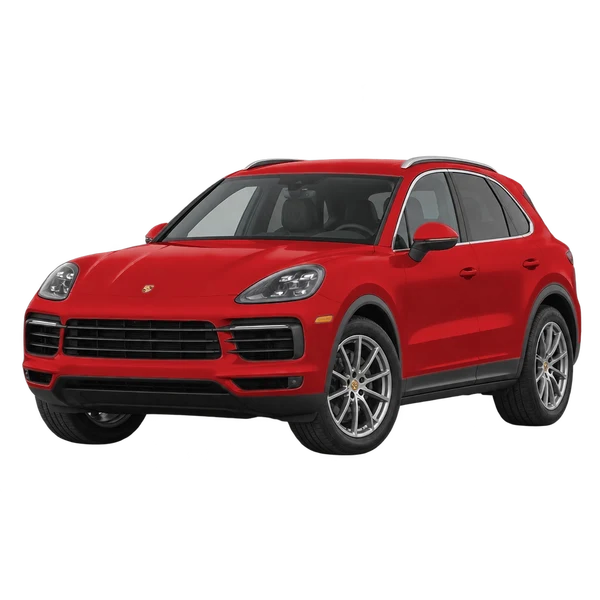 Porsche Cayenne 2021 باللون أحمر، منظر منظر أمامي بزاوية ثلاثة أرباع (متجه لليسار)