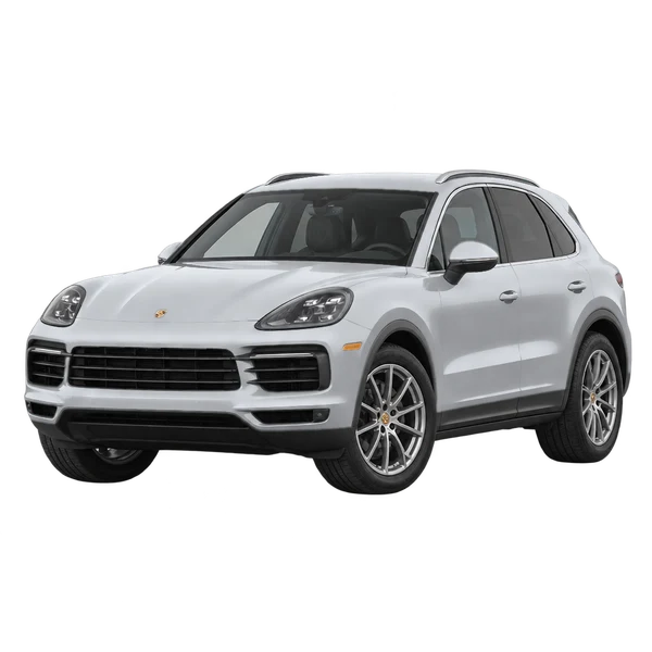 Porsche Cayenne 2021 باللون فضي، منظر منظر أمامي بزاوية ثلاثة أرباع (متجه لليسار)