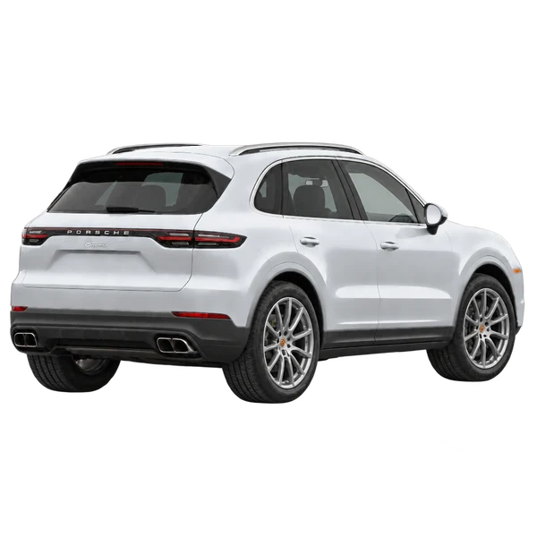Porsche Cayenne 2021 باللون فضي، منظر منظر خلفي بزاوية ثلاثة أرباع (باتجاه اليمين)