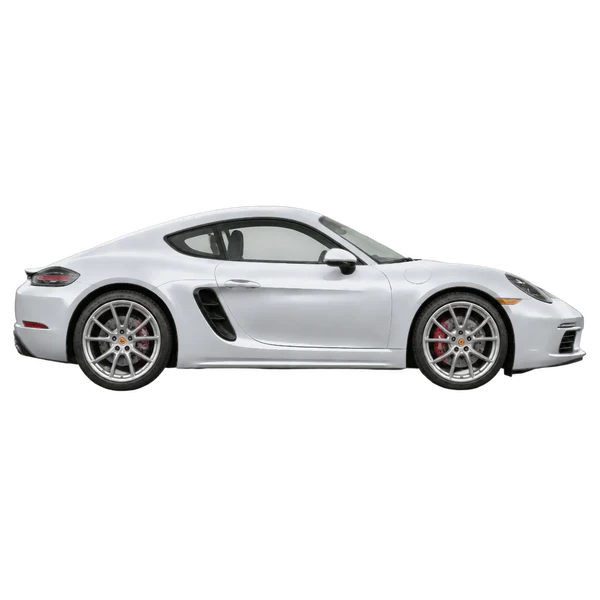Porsche Cayman 2018 en plateado, vista lateral (hacia la derecha)