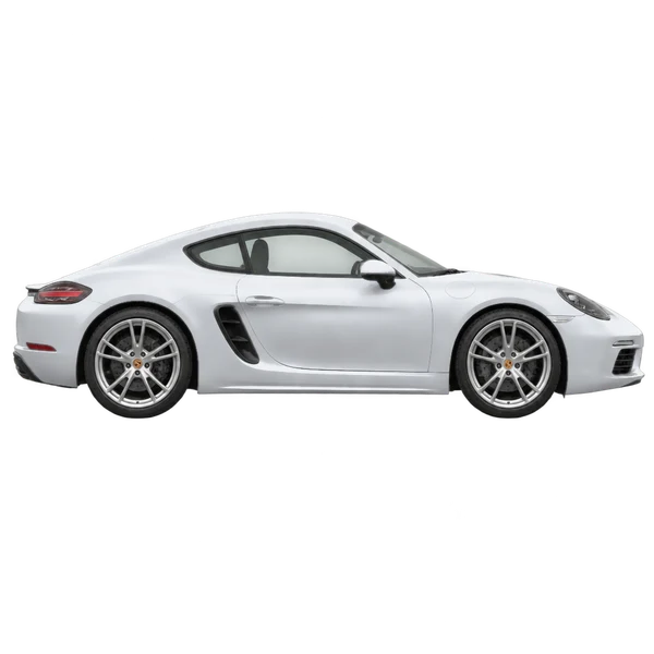 Porsche Cayman 2020 en plateado, vista lateral (hacia la derecha)