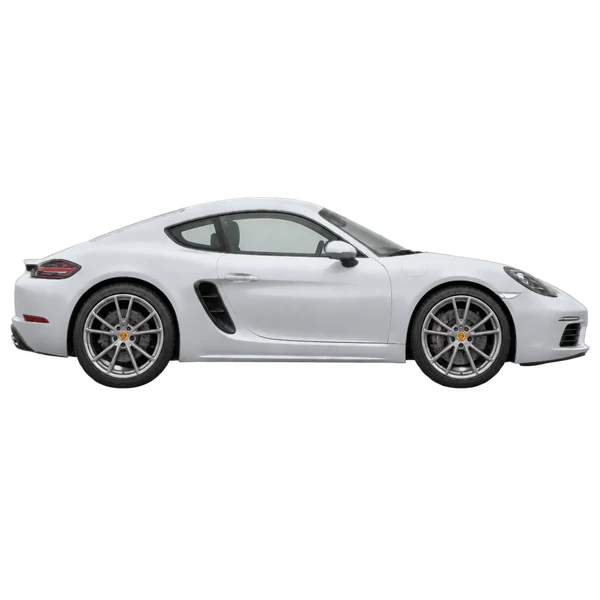 Porsche Cayman 2021 en plateado, vista lateral (hacia la derecha)
