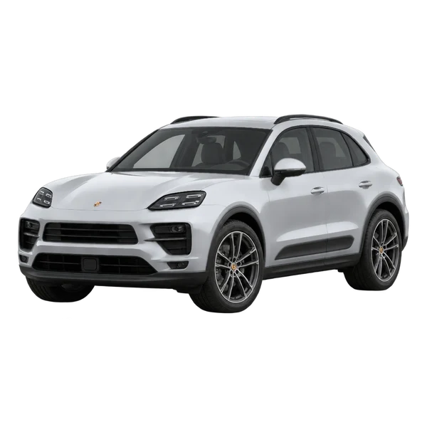 Porsche Macan 4 2025 باللون فضي، منظر منظر أمامي بزاوية ثلاثة أرباع (متجه لليسار)