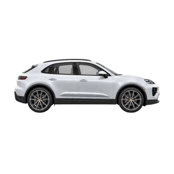 Porsche Macan 4 2026 باللون فضي، منظر منظر جانبي (باتجاه اليمين)