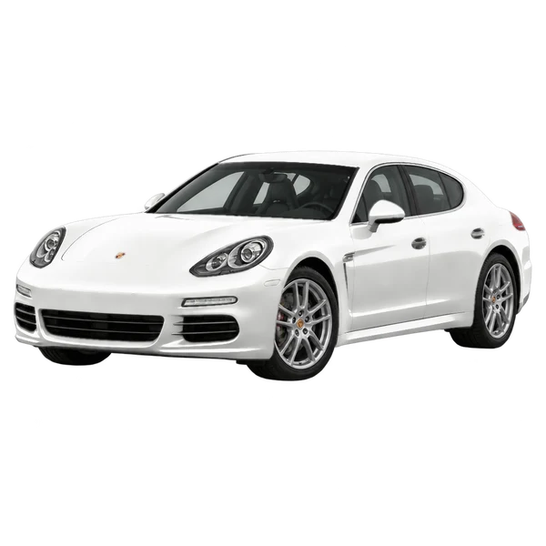 Porsche Panamera 2015 باللون أبيض، منظر منظر أمامي بزاوية ثلاثة أرباع (متجه لليسار)