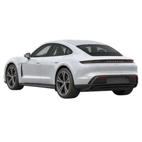 silver 2020 Porsche Taycan rear three-quarter (facing left) view
