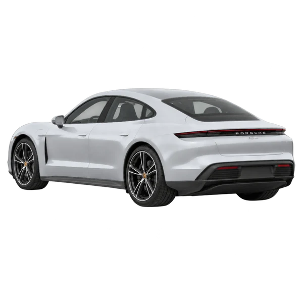 silver 2021 Porsche Taycan rear three-quarter (facing left) view