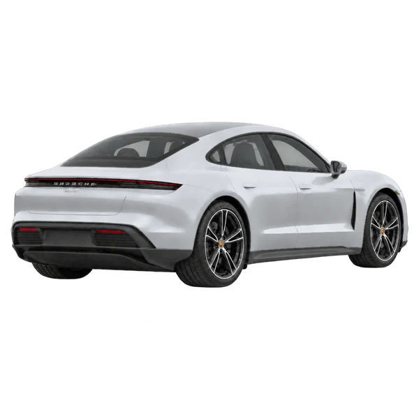 silver 2021 Porsche Taycan rear three-quarter (facing right) view