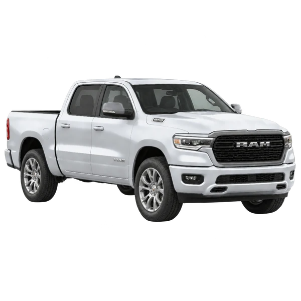 Ram 1500 2027 باللون فضي، منظر زاوية ثلاثة أرباع أمامية (باتجاه اليمين)