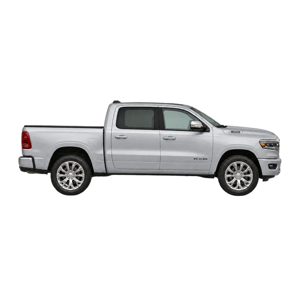 Ram 1500 2027 باللون فضي، منظر منظر جانبي (باتجاه اليمين)