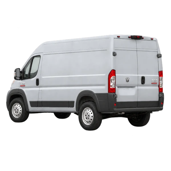 2020 Ram ProMaster 2500 in Silber, Ansicht: Dreiviertelansicht von hinten (nach links gerichtet)