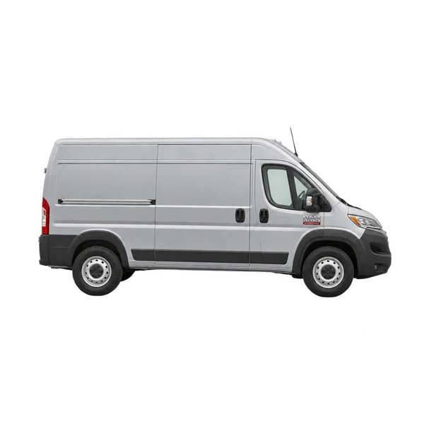 Ram ProMaster 3500 2025 en plateado, vista lateral (hacia la derecha)