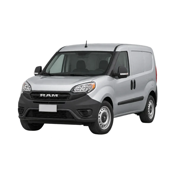 Ram Promaster City 2026 باللون فضي، منظر منظر أمامي بزاوية ثلاثة أرباع (متجه لليسار)