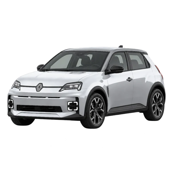Renault 5 E-Tech 2025 prata, vista dianteira em três quartos (voltada para a esquerda)