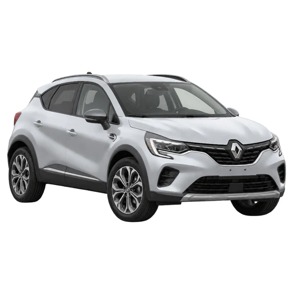 Renault Captur 2026 باللون فضي، منظر منظر أمامي بزاوية ثلاثة أرباع (متجه لليسار)