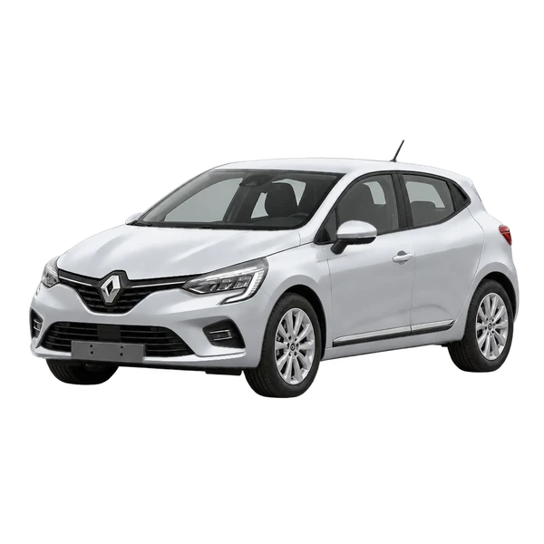 Renault Clio 2022 باللون فضي، منظر منظر أمامي بزاوية ثلاثة أرباع (متجه لليسار)