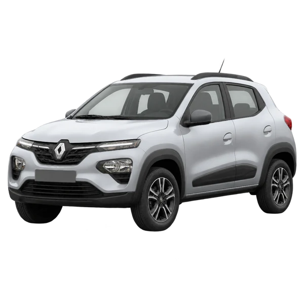 Renault E-Kwid 2024 en plateado, vista frontal tres cuartos (hacia la izquierda)