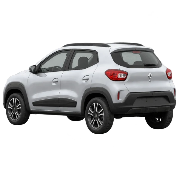 Renault E-Kwid 2024 en plateado, vista tres cuartos trasero (mirando a la izquierda)