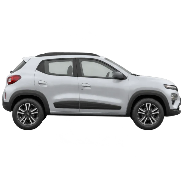 Renault E-Kwid 2024 en plateado, vista lateral (hacia la derecha)