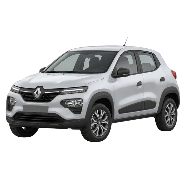 Renault E-Kwid 2025 prata, vista dianteira em três quartos (voltada para a esquerda)