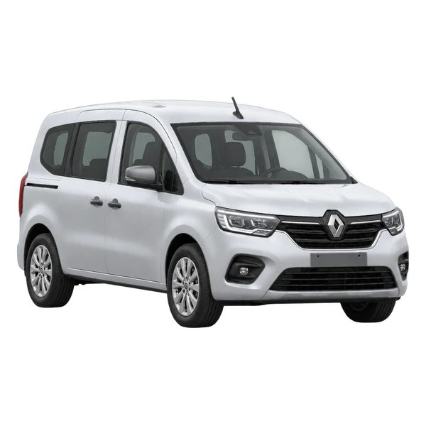 Renault Kangoo 2025 prata, vista dianteira em três quartos (voltada para a esquerda)