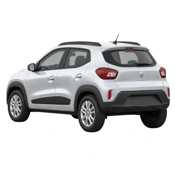 Renault Kwid 2026 en plateado, vista tres cuartos trasero (mirando a la izquierda)