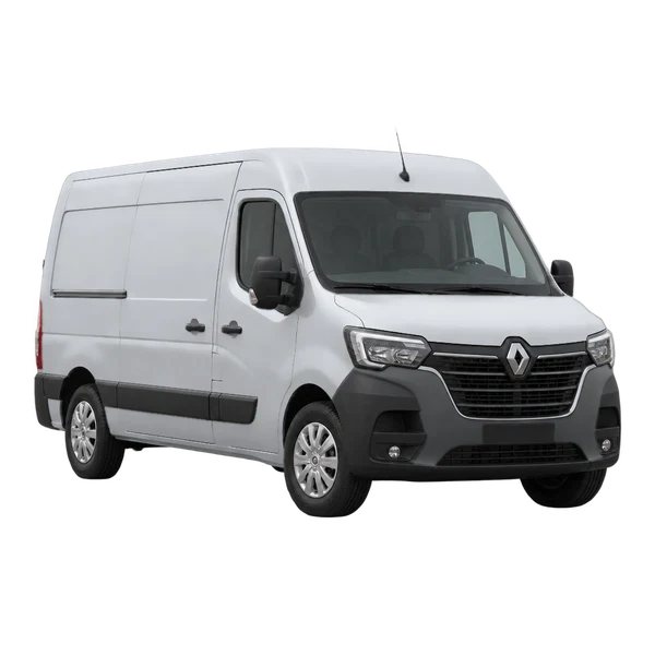 Renault Master JPM 2026 باللون فضي، منظر منظر أمامي بزاوية ثلاثة أرباع (متجه لليسار)