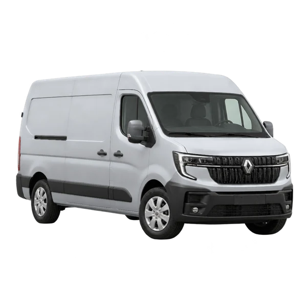 Renault Master 2026 باللون فضي، منظر منظر أمامي بزاوية ثلاثة أرباع (متجه لليسار)
