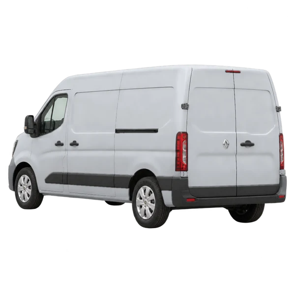 Renault Master 2026 باللون فضي، منظر ثلاثة أرباع خلفي (باتجاه اليسار)