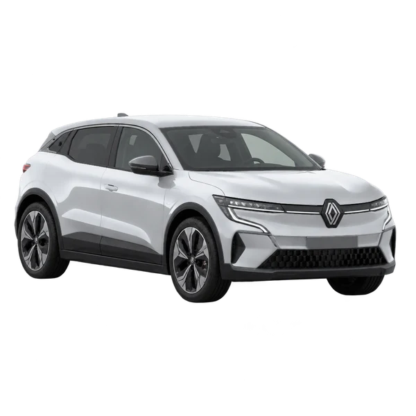 Renault Megane E-Tech Electric 2026 باللون فضي، منظر منظر أمامي بزاوية ثلاثة أرباع (متجه لليسار)