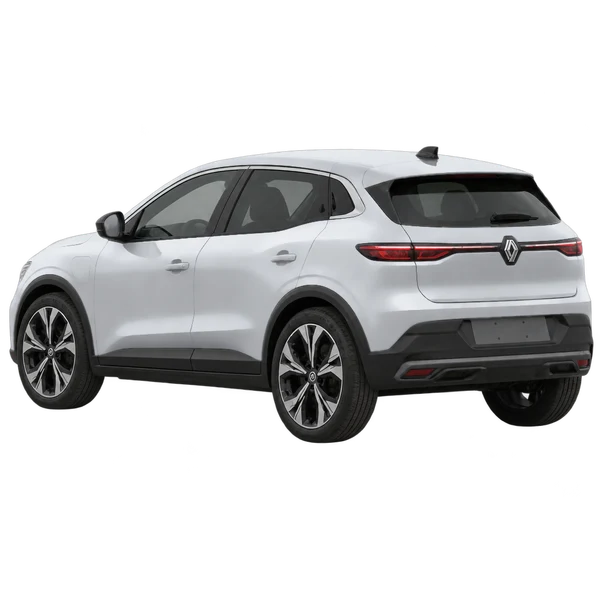 silver 2024 Renault Megane E-Tech Plug-IN Hybrid rear three-quarter (facing left) view