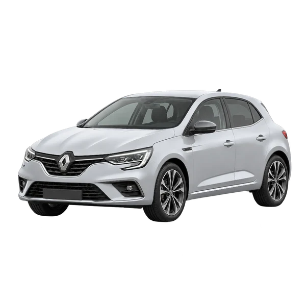 Renault Megane 2026 باللون فضي، منظر منظر أمامي بزاوية ثلاثة أرباع (متجه لليسار)