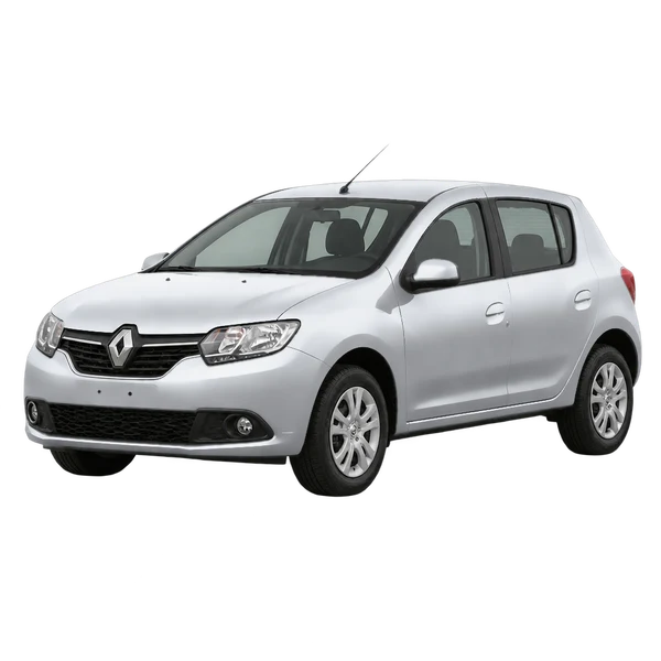 Renault Sandero 2015 prata, vista dianteira em três quartos (voltada para a esquerda)