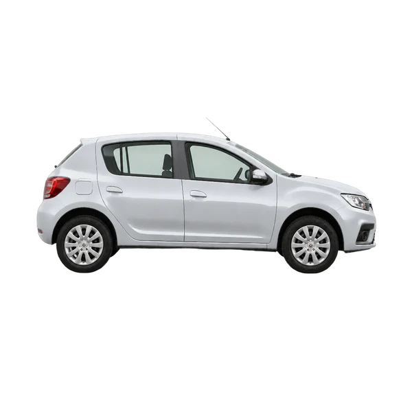 Renault Sandero 2019 en plateado, vista lateral (hacia la derecha)