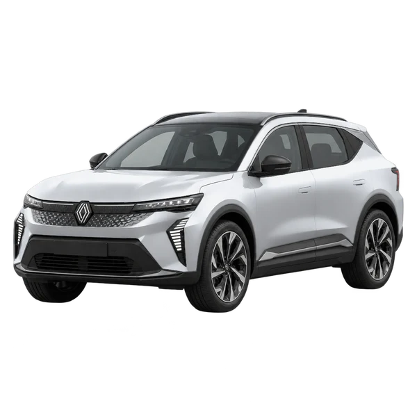 Renault Scenic E-Tech Electric 2026 باللون فضي، منظر منظر أمامي بزاوية ثلاثة أرباع (متجه لليسار)