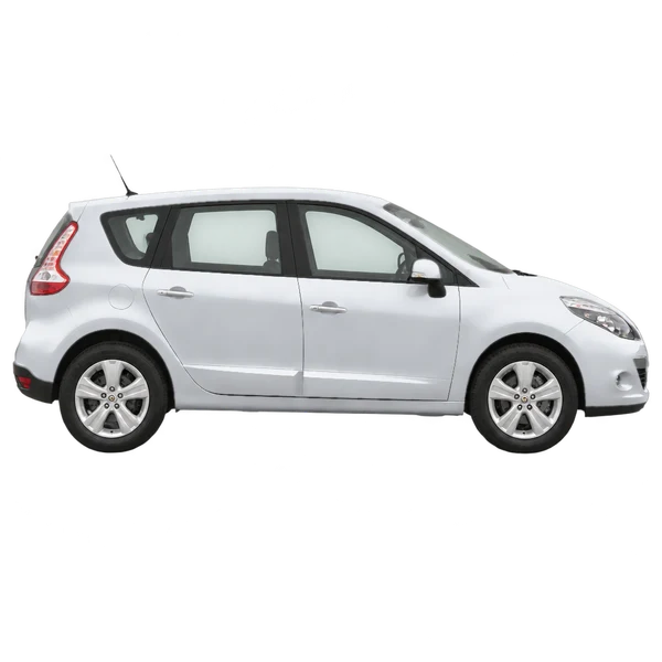 Renault Scenic 2011 en plateado, vista lateral (hacia la derecha)