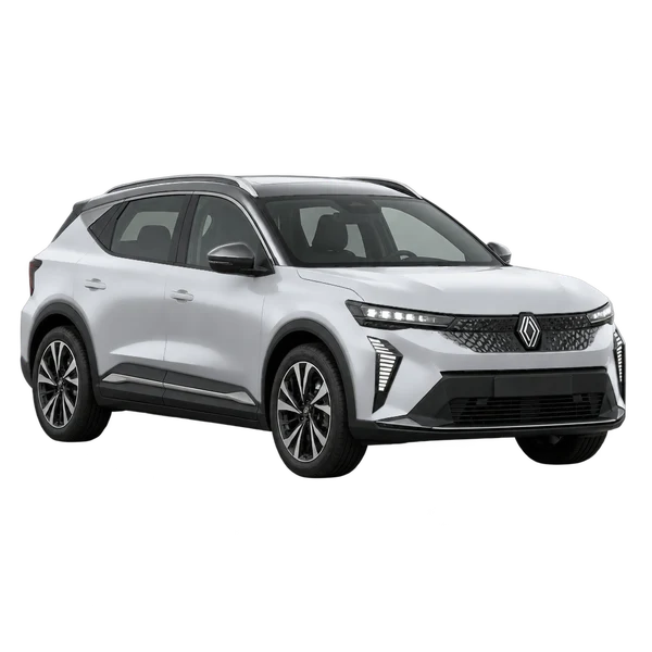 Renault Scenic 2025 باللون فضي، منظر منظر أمامي بزاوية ثلاثة أرباع (متجه لليسار)