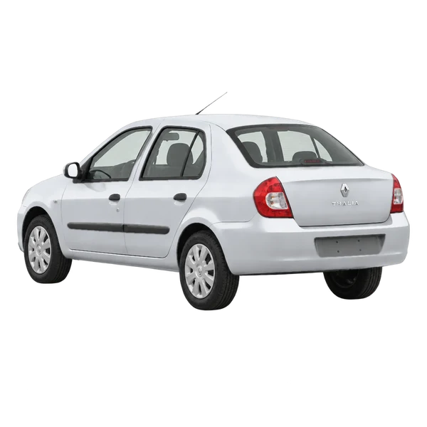 Renault Thalia 2012 prata, vista três quartos traseira (voltada para a esquerda)