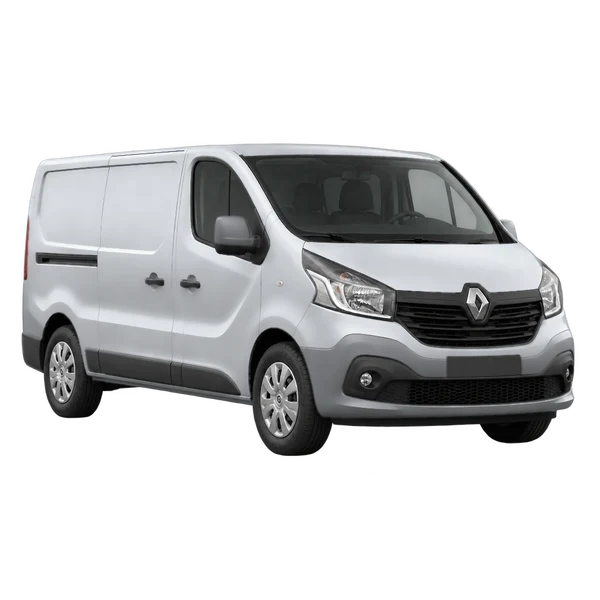 Renault Trafic 2016 باللون فضي، منظر منظر أمامي بزاوية ثلاثة أرباع (متجه لليسار)